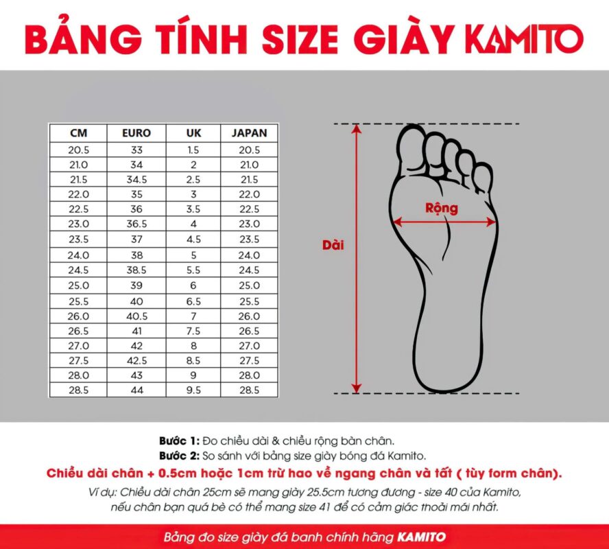 Bảng Size giày đá bóng Kamito QH19 Premium Pack thiết kế ấn tượng của cầu thủ Quang Hải màu đỏ