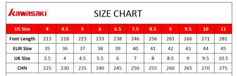 Bảng size giày cầu lông Kawasaki HaLi Sport