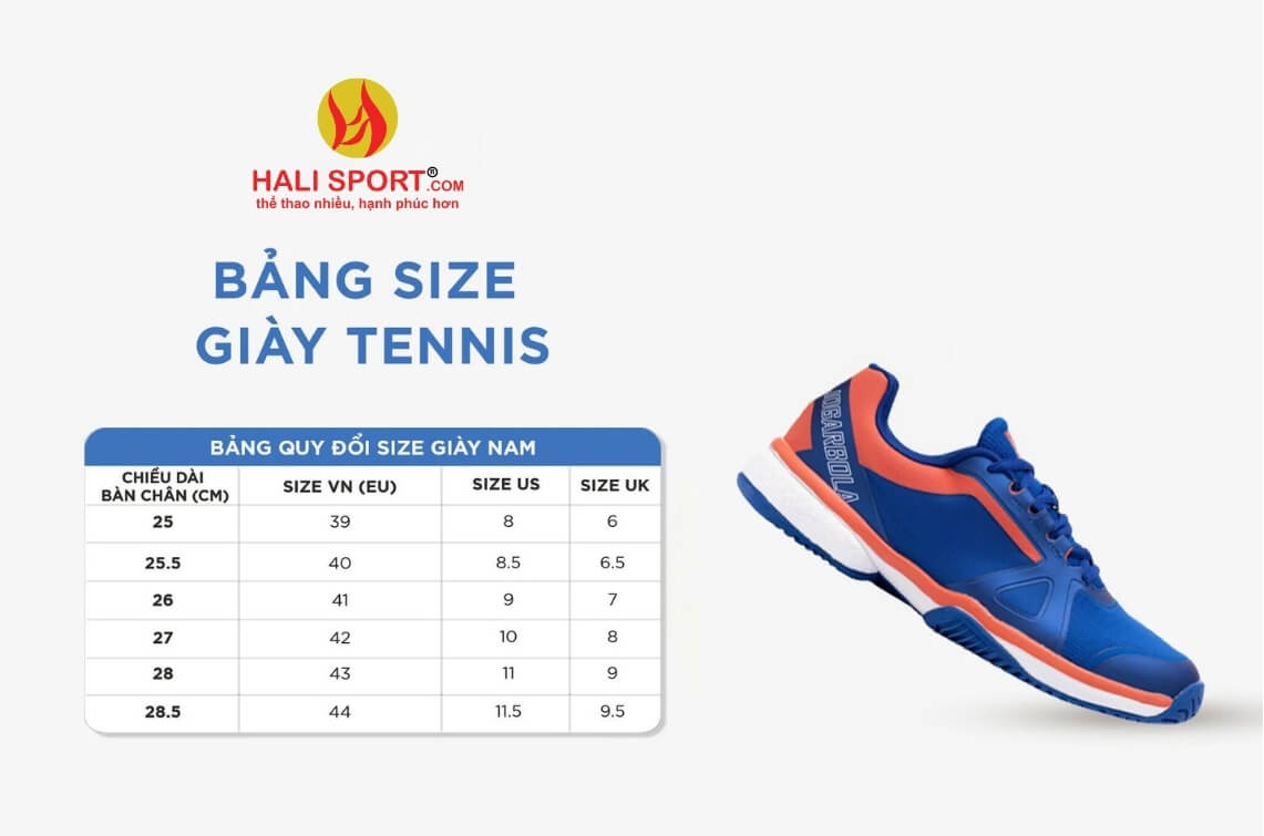 Bảng hướng dẫn chọn size giày tennis nam Jogarbola Bảng hướng dẫn chọn size giày tennis nam Jogarbola