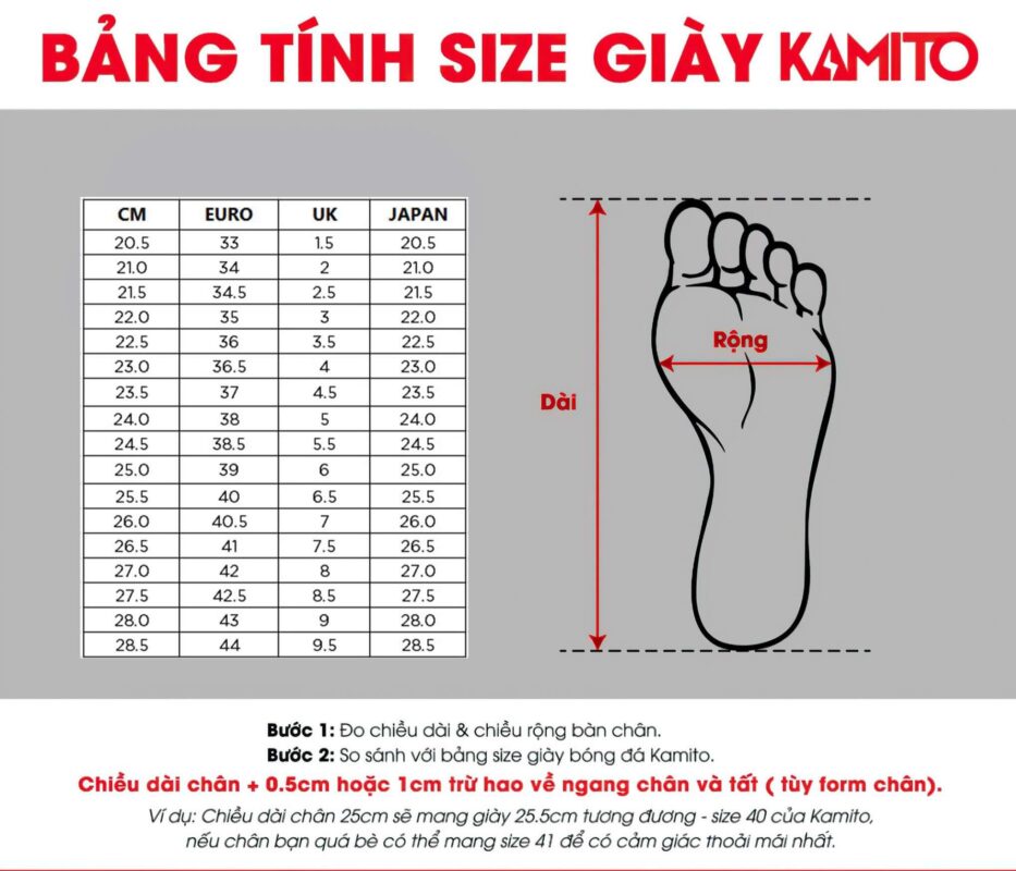 Bảng size giày cầu lông Kamito