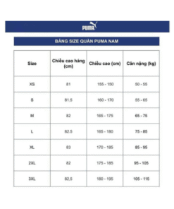 Bảng size quần Puma Nam