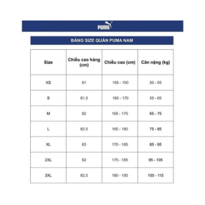 Bảng size quần Puma Nam