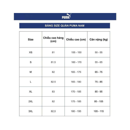 Bảng size quần Puma Nam Bảng size quần Puma Nam